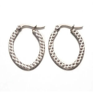 Surgical Stainless Steel Art Deco Carved Diamond Pattern Silver Hoop Earrings